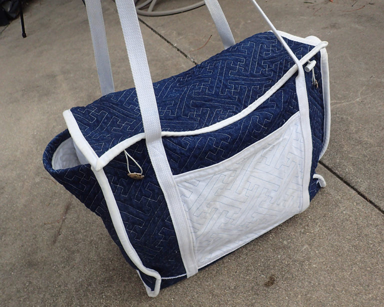 Quilted denim sewing machine tote - design by Marsha Tufft